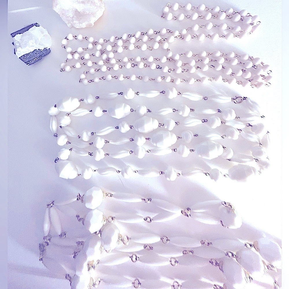 5 necklaces Vintage “Summer Whites”  beads in shell, swirl, faceted, conical